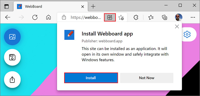 Ventana de instalación de una aplicación web en Microsoft Edge