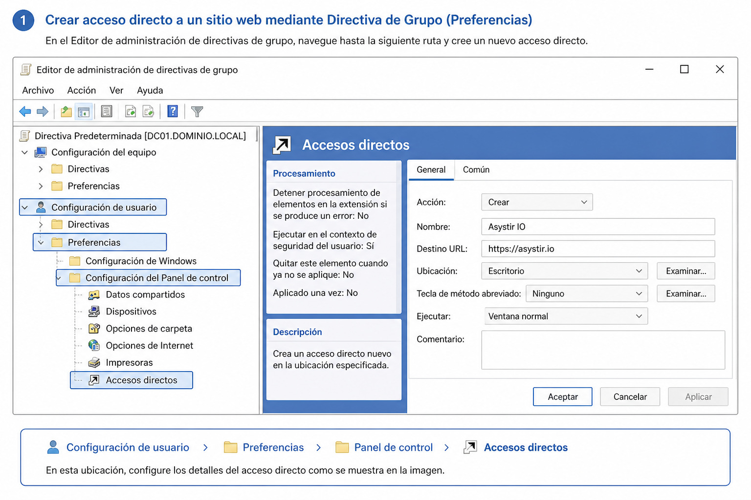 Editor de directivas — preferencia Accesos directos con URL de Asystir