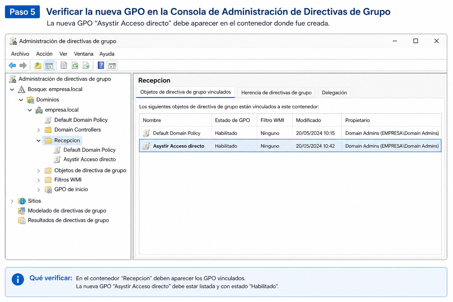 Consola de administración de directivas de grupo — crear directiva en la OU de recepción