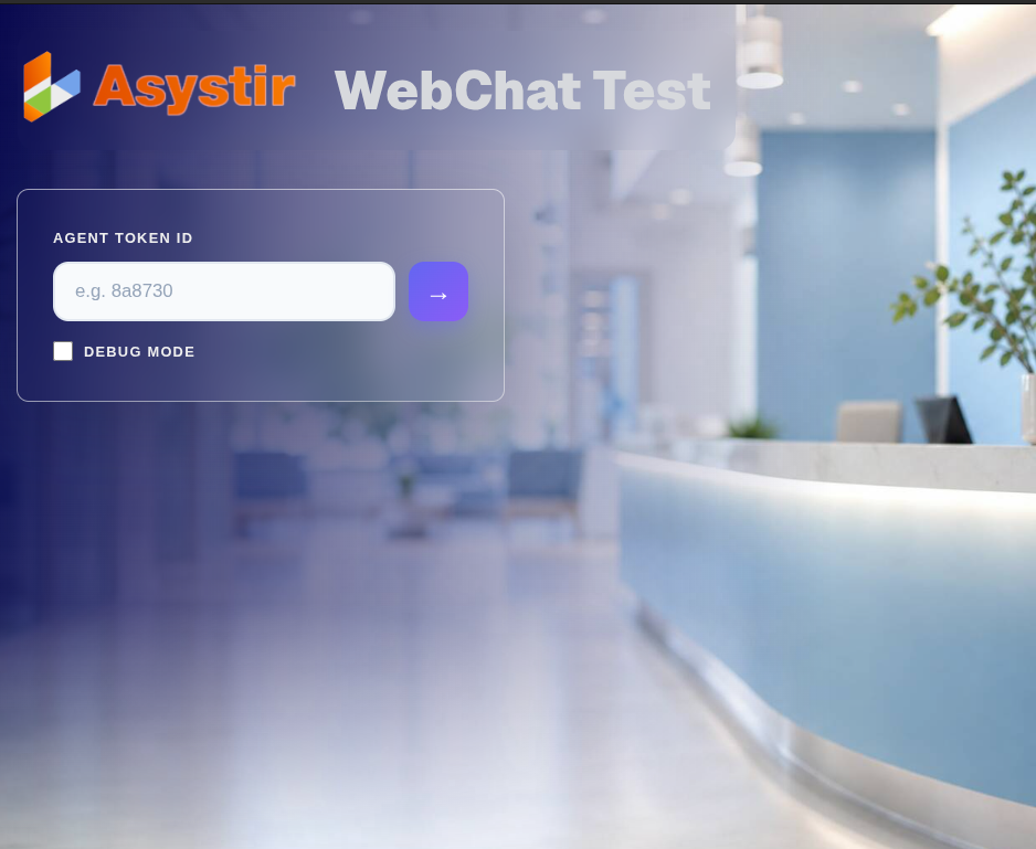 Pantalla de ingreso del código del agente en WebChat Test